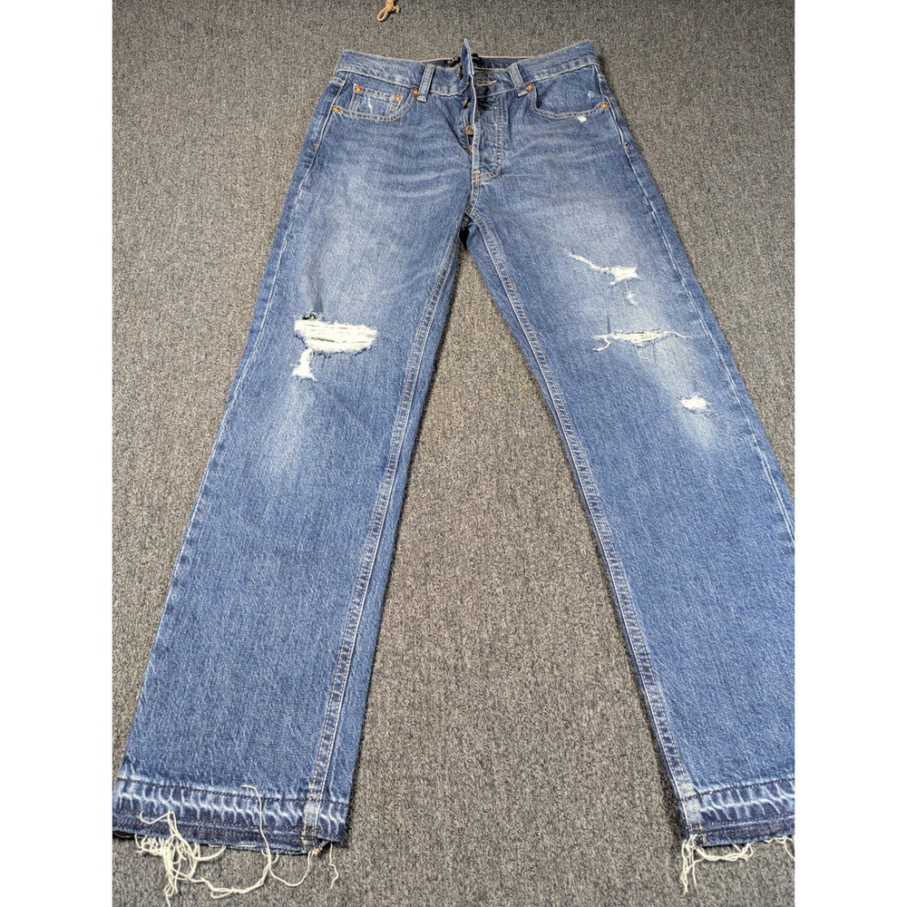 Gap Denim High Rise Cheeky Straight Distressed Blue Jeans Button Fly Raw Hem 26R
